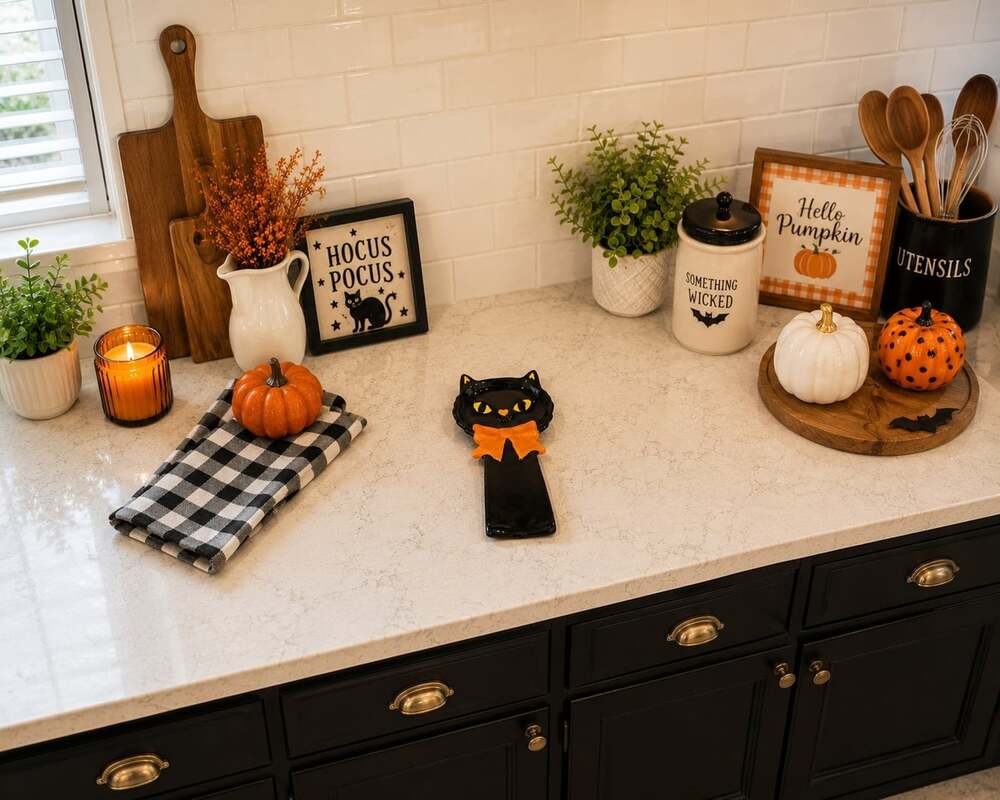 New Orange & Black Cat W/ Bow Halloween Holiday Kitchen Spoon Rest Decor - Picture 2 of 2